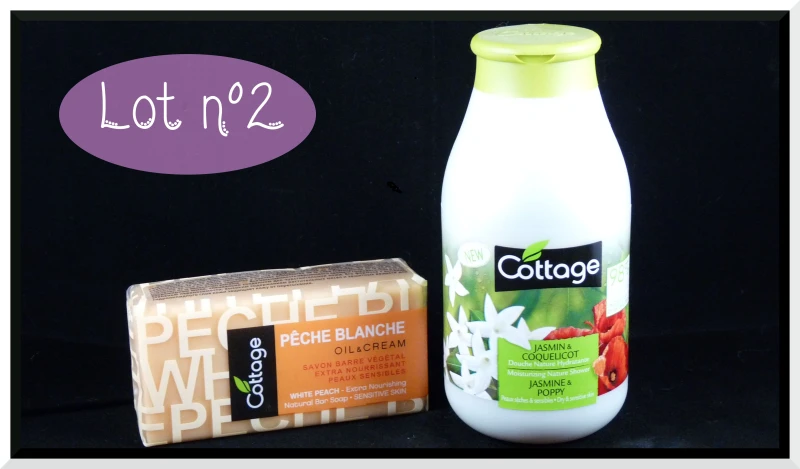 Lot n°2 : - Savon Barre  Cottage végétal à la pêche blanche - gel douche Cottage Jasmin & Coquelicot