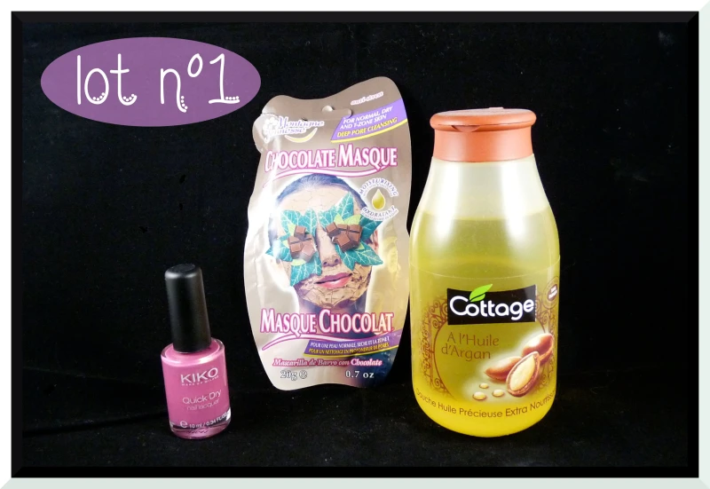 Lot n°1 : -Cottage à l'huile d'argan -Masque Montagne Jeunesse au chocolat - Vernis Kiko séchage rapide n°808